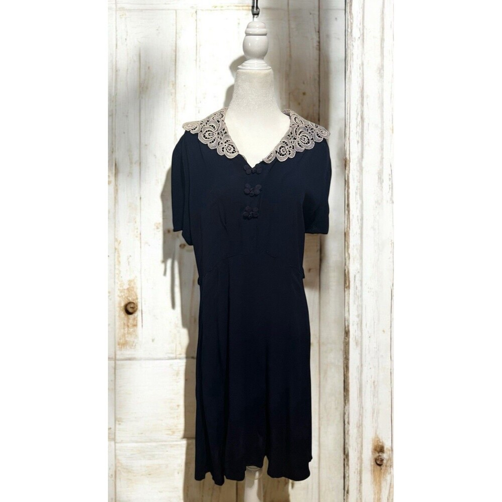 Vtg 1940s Tea Dress Chiffon Navy Blue Crochet Lace Collar With Overcoat L/XL 40s